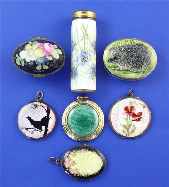 Three 20th century silver and enamel pendant lockets & 4 other items.